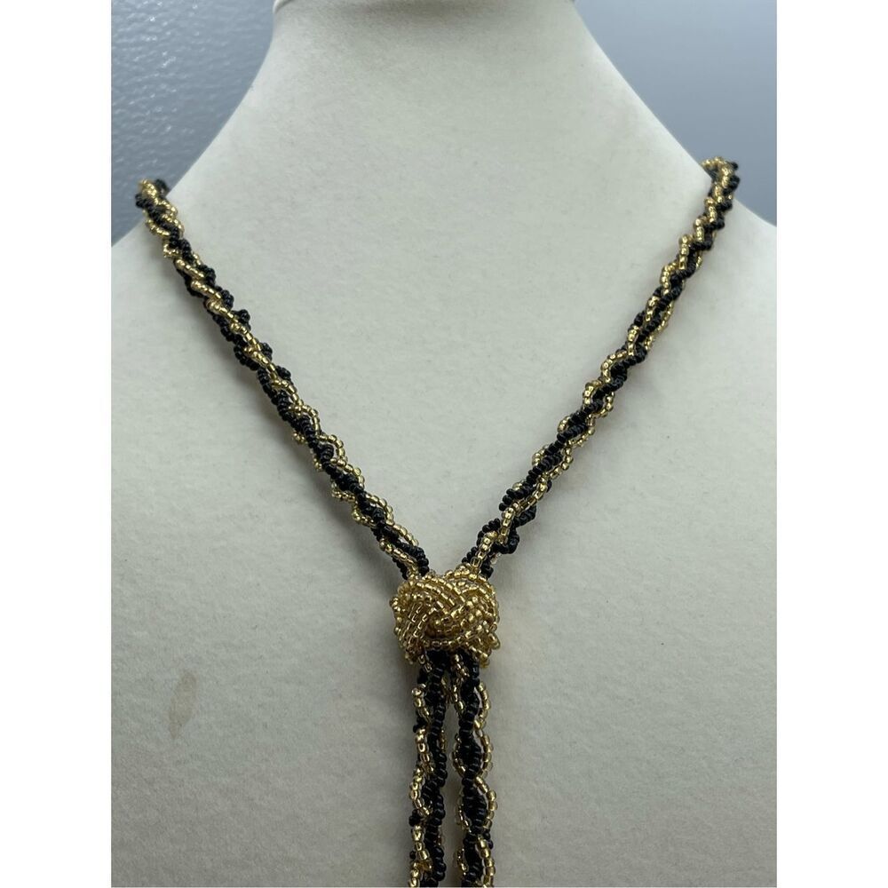 Vintage long seed bead flapper style black n gold necklace - Picture 6 of 11